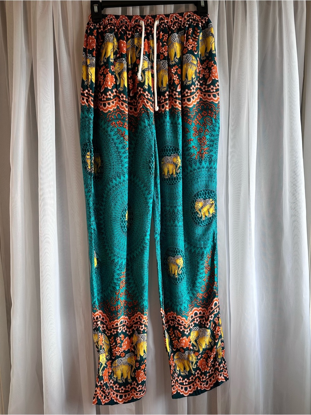 Katmandu Teal Mandala Elephant Print Lightweight Bohemian Elastic waist OS Pants